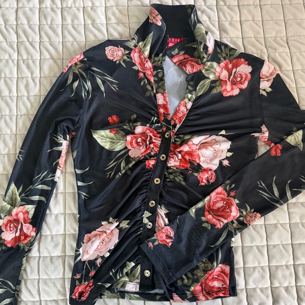 Guess Black Floral Ruched Button-Up Top with Pink and Red Roses